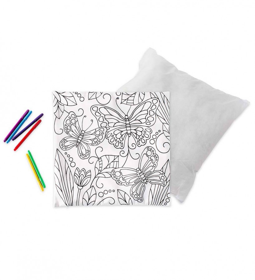 HearthSong Color Pops Color-Your-Own Pillow Kit for Kids, 15 sq. Pillow Cover, Pillow Insert, and Six Washable Markers, Butterfly