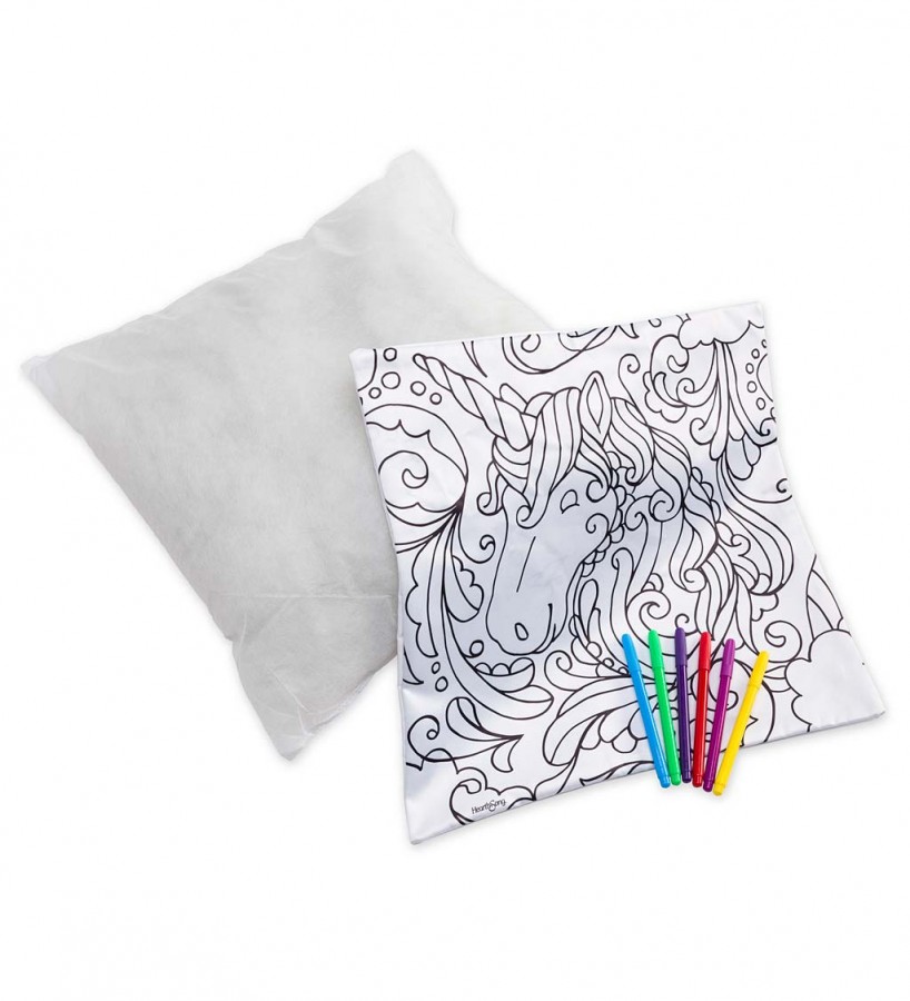HearthSong Color Pops Color-Your-Own Pillow Kit for Kids, 15 sq. Pillow Cover, Pillow Insert, and Six Washable Markers, Unicorn